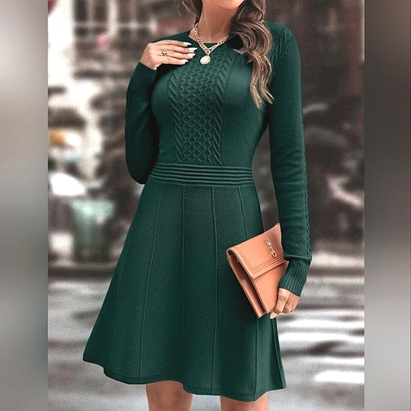 Boutique Dresses & Skirts - NEW Chic Cable Knit Long Sleeve Sweater Dress Dark Green